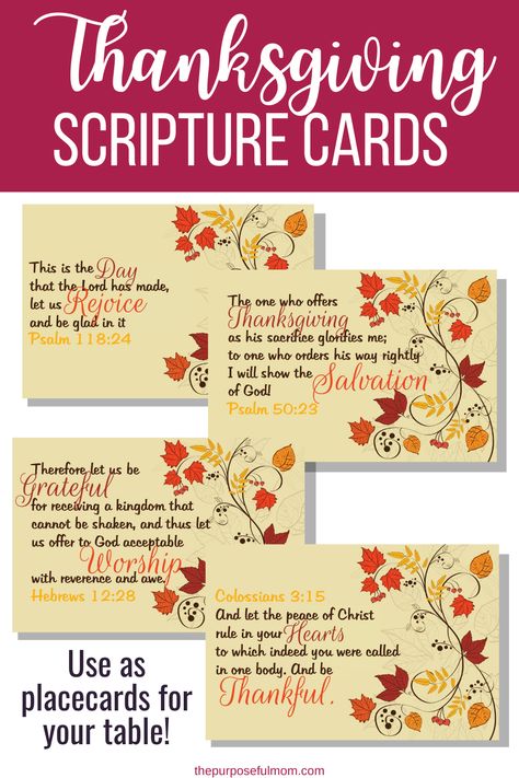 Free Printable Thanksgiving Scripture Place Cards - The Purposeful Mom Thanksgiving Table Place Cards, Thanksgiving Verses, Thanksgiving Scripture, Thanksgiving Bible Verses, Thanksgiving Planning, Free Printable Thanksgiving, Christian Thanksgiving, Thanksgiving Friendsgiving, Thanksgiving Prayer