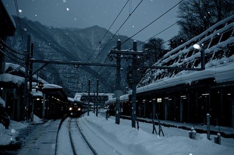 Snowy trainstation Train Wallpaper, Winter Wallpaper, Snowy Mountains, Beautiful Sights, White Picture, Train Rides, Train Travel, Magical Places, Japanese Garden