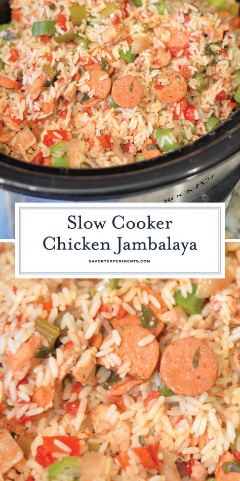 Slow Cooker Chicken Jambalaya is loaded with chicken, veggies, rice and zesty Creole seasoning. Only 10 minutes to prep! #slowcookerrecipes #slowcookerchickenjambalaya #chickenintheslowcooker www.savoryexperiments.com Slow Cooker Chicken And Sausage, Crock Pot Jambalaya, Chicken Jambalaya, Slow Cooker Jambalaya, Chicken And Sausage Jambalaya, Sausage Jambalaya, Chicken And Sausage, Chicken Veggies, Jambalaya Recipe