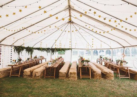 Marquee Wedding Reception Decoration, Wedding Marquee Decoration, Festival Decoration Ideas, Wedding In A Field, Wedding Field, Marquee Decoration, Festival Themed Wedding, Beer Wedding, Field Wedding