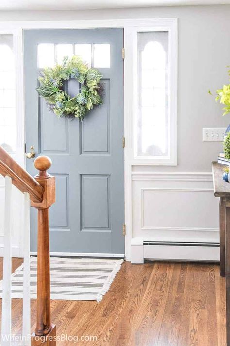 Decor tips for a small front entryway. Spring Home Tours 2018. Blue Interior Doors, Spring Entryway, Interior Front Door, Blue Gray Paint Colors, Blue Front Door, Front Door Paint Colors, Blue Gray Paint, Door Paint Colors, Painted Front Doors