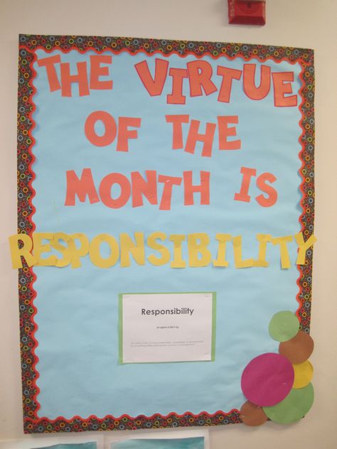 This months virtue bulletin board Moral Values Bulletin Board, Virtue Of The Month Bulletin Board, Catholic School Classroom Decor, Faith Based Bulletin Boards, Virtue Bulletin Board Ideas, Catholic School Bulletin Board Ideas, Character Virtues, Catholic Bulletin Boards, Religious Bulletin Boards