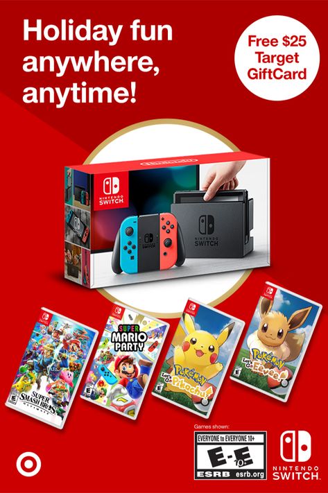 Get a free $25 Target GiftCard when you buy a Nintendo Switch.- a handheld gaming system that is just as versatile as you. It transforms from a home console to a portable system in a snap so that you play you favorite games whenever, wherever. Dock in or head out, the Switch will always be with you. Enjoy single and multiplayer gaming with multiple Switch consoles. Get your hands on this holiday must-have at your nearest Target. Games Poster, Nerf Birthday Party, Gaming System, Switch Games, Super Mario Party, Super Party, Video Game Systems, Video Games Nintendo, Nintendo Switch Games