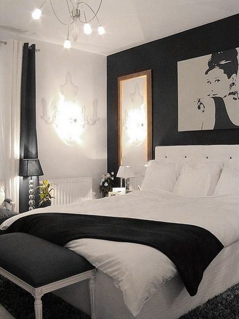 Small Glamorous Black & white bedroom. Black And White Bedroom, Black White Bedrooms, White Bedroom Design, White Bedroom Decor, Gold Bedroom, Bedroom Black, White Room, Master Bedrooms Decor, White Bedroom