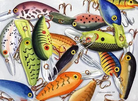 Evolution of Fishing Lures From Ancient Times To Rapala Fishing Furniture, In Water Drawing, Folklore Legends, Fishing Lures Art, Lure Painting, Fish Paintings, Fish Craft, Fish Theme, Fishing Art