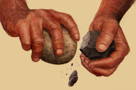 two hands striking stones together to make stone flakes Early Humans Tools, Prehistoric Humans, Flint Knapping, Stone Tools, Human Evolution, Early Humans, The Book Of Mormon, Human Hand, Book Of Mormon