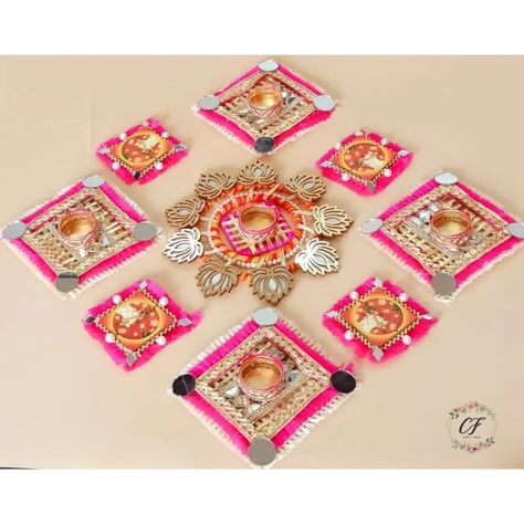 Set of 9 Rangoli set with pichwai paint with beautiful wooden Lotus gotta and mirorr work. Customisation available! Contact- 9799600622 We also invite resellers and wholesalers for our collection! Wooden Rangoli Designs, Rangoli Decoration, Diwali 2024, Diwali Design, Acrylic Rangoli, Diy Diwali Decorations, Hobby Craft, Diwali Diya, Diwali Diy