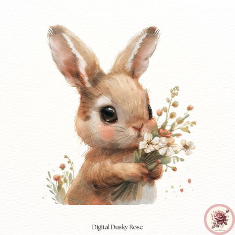 Rabbit With Flowers, Rabbit Watercolor, Art For Spring, Bunny Clipart, Flowers Clipart, March 19, Easter Rabbit, Neutral Palette, New Baby Gift