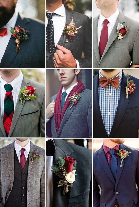 christmas groom attire and bountanniere ideas Christmas Wedding Mens Attire, Christmas Wedding Suits Groom Attire, Winter Wedding Groom Attire, Chelsea Houska Wedding Dress, Christmas Theme Wedding, Junior Bride Dresses, Christmas Groomsmen, Men's Suiting, Christmas Wedding Ideas