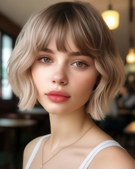 French Bob With Bangs Square Face, French Bob Blonde, Short Blonde Bob With Bangs, Blonde French Bob, Bob With Full Bangs, Haircut Ideas Brown Hair, Blonde Bob With Bangs, Twist Box Braids, Ideas Haircut