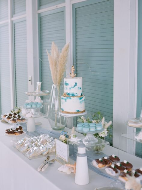 Dessert table for Outdoor Baby Shower for Boy Sailor/Nautical Theme Beachy Dessert Table, Ocean Dessert Table, Classy Under The Sea Theme, Baby Shower Nautical Theme Boy, Baby Shower Boy Dessert Table, Baby Boy Dessert Table, Beach Themed Dessert Table, Beach Dessert Table, Ocean Baby Shower Centerpieces