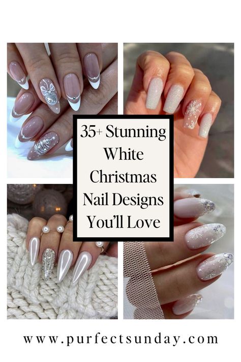 Snowflake Christmas Nails Acrylic, Snowflakes Acrylic Nails, Wedding Sparkly Nails, Icy Glitter Nails, White Christmas Nails Ideas, White Nails With Designs Winter, Sparkly White Nail Designs, White Holiday Nails Short, Silver And White Winter Nails