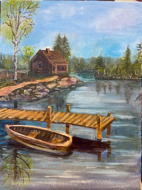 Lake House Painting, House By The Lake, Canvas Art Acrylic, By The Lake, Art Acrylic, House Painting, Painting Ideas, Lake House, Acrylic Painting