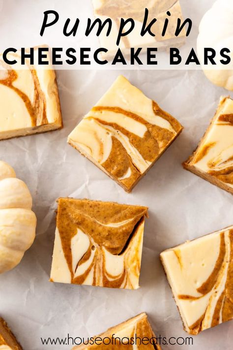 These creamy, swirled Pumpkin Cheesecake Bars are the most delicious fall dessert of them all and perfect for feeding a crowd. They are easy enough for beginning bakers and the best part is that there is no water bath required! #cheesecake #bars #pumpkin #pumpkincheesecake #pumpkincheesecakebars #pumpkinbars Cream Cheese Pumpkin Bars, No Bake Pumpkin Bars, Pumpkin Cookie Bars, Pumpkin Pie Cheesecake Bars, Pumpkin Cream Cheese Bars, Pumpkin Bars Recipe, Pumpkin Bar, Pumpkin Pie Bars Recipe, Plain Cheesecake