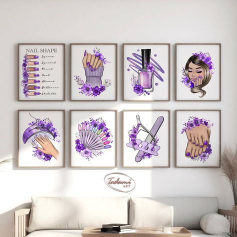 8 Nails Salon Poster, Purple Nails Art, Nail Shape Print, Manicure Salon Decor, Nails Artist Gift, Beauty Salon Decor, Nail Tech Poster This listing includes high-resolution JPG files that you can download immediately after purchase. You can print this unique art on canvas or paper and it will Nail Canvas Art Diy Wall, Purple Nail Room Ideas, Purple Nail Salon, Nail Studio Ideas Home, Nail Studio Ideas Small Spaces, Purple Nails Art, Nail Technician Room, Nails Poster, Nail Studio Decor