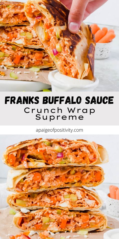 This homemade Buffalo Chicken Crunch Wrap is stuffed with spicy shredded chicken and fresh veggies with creamy feta and ranch dressing to contrast the heat. Buffalo Chicken Crunch Wrap Recipe, Buffalo Chicken Crunchwrap, Buffalo Chicken Wraps Crockpot, Crunch Wrap Black Stone, Crunch Wrap Ideas, Buffalo Chicken Crunch Wrap, Buffalo Chicken Wraps Recipes, Chicken Crunch Wrap, Buffalo Shredded Chicken