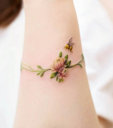 Bee On Clover Tattoo, Small Bee Flower Tattoo, Sleeping Bee Tattoo, Bee Allergy Tattoo, Yoga Bee Tattoo, Bee Dandelion Tattoo, Bumble Bee Wrist Tattoo, Infinity Bee Tattoo, Bee Family Tattoo