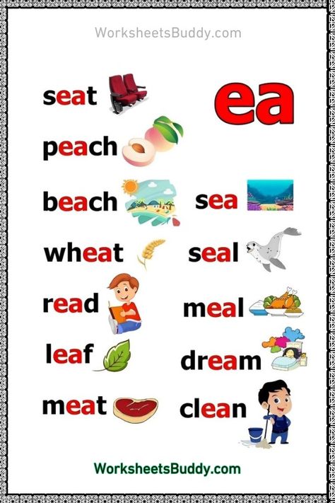 EA Word Family Worksheets For Kindergarten | EA Word Family List Ea Phonics Worksheets, Ea Words Phonics, Ea Words Worksheets, Ee Ea Worksheets, Ea Reading, Ea Worksheets, Letter W Activities, English Books For Kids, Ea Words