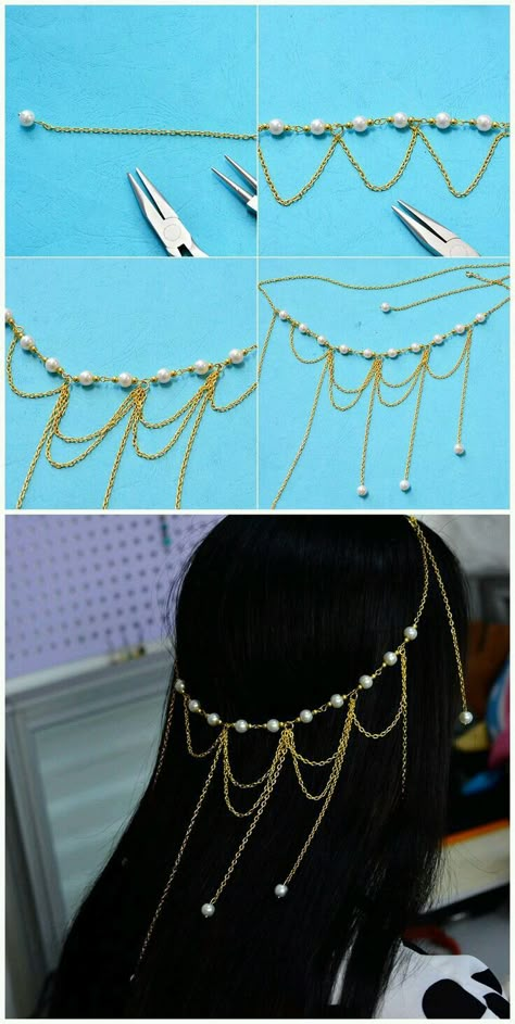 Diy Head Jewelry Chain Headpiece, Greek Hair Accessories, Diy Head Jewelry, Golden Headpiece, Diy Headpiece, Bead Crown, Chain Headpiece, Headpiece Diy, Lucet