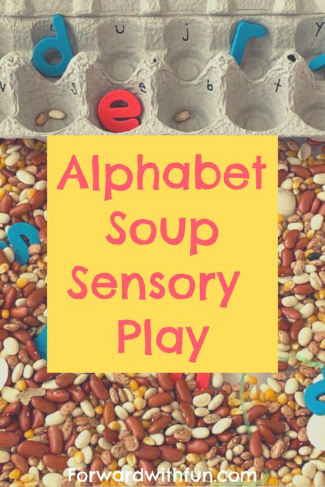 Alphabet Soup Sensory Bin engages toddlers and preschoolers in naming and matching letters while creating opportunities for imaginative play and language development. Sensory bins keep toddlers and preschoolers playing while also building fine motor skills. Do you use sensory play activities with your toddler? Alphabet Soup Craft Preschool, Alphabet Soup Sensory Bin, Sensory Language Activities, Alphabet Soup Craft, Alphabet Soup Preschool, Preschool Nutrition, Sensory Activity For Toddlers, Letter Play, Sensory Language