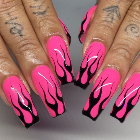 Trilla Nails ⚡️ on Instagram: “🔥🔥🔥⚡️🤘🏾 @mingg.vines” Flames Nails Designs, Pink Fire Nails, Nails With Flame Design, Trap Nails, Black And Pink Flame Nails, Colorful Flame Nails, Black Nails With Pink Flames, Rocker Nails Punk, Black Nail Designs Flames