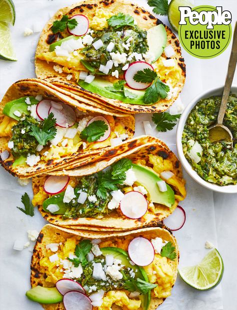 Gail Simmons' Breakfast Tacos with Charred Scallion Salsa Breakfast Taco Sauce, Eggs And Salsa, Breakfast Salsa, Eggs And Salsa Breakfast, Tex Mex Breakfast Tacos, Onion Sauce, Breakfast Tacos, Top Chef, Crumbled Bacon