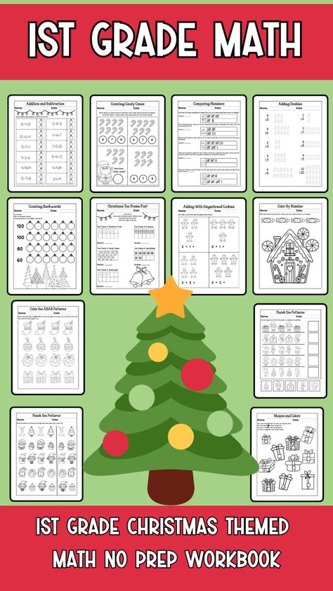 First Grade Christmas Themed Math No Prep Workbook Christmas Themed Kindergarten Worksheets, Christmas Worksheets 1st Grade, Christmas Maths Year 1, Winter Worksheets 1st Grade, Christmas Math Worksheets First Grade, Grade 1 Christmas Crafts, Christmas 1st Grade Activities, Christmas First Grade Activities, Christmas Activities For First Grade