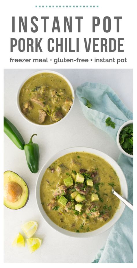 Instant Pot Pork Chili Verde. Roasted peppers and super tender pork come together for this authentic Mexican dish. Serve with rice or in a taco for an easy and delicious dinner recipe! via happymoneysaver.com #instantpot #dinner #freezermeal #weeknightmeal #mexican #pork #chiliverde #spicy Instapot Chile Verde, Instapot Chili Verde Pork, Pork Green Chili Recipe Instant Pot, Instant Pot Chili Verde Pork, Instant Pot Chile Verde Pork, Instant Pot Pork Green Chili, Chili Verde Instant Pot, Instant Pot Chili Verde, Pork Chili Verde Recipe