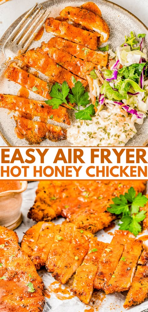 Air Fryer Hot Honey Chicken — Breaded chicken cutlets are air fried until crispy, then drizzled with spicy-sweet hot honey! This is such a QUICK and EASY air fryer chicken recipe that takes less than 30 minutes to prepare! Oven-baking instructions are also provided. Easy Air Fryer Chicken, Chicken Crisps, Hot Honey Chicken, Breaded Chicken Cutlets, Air Fried Chicken, Air Fryer Recipes Chicken, Hot Honey, Easy Air Fryer, Honey Chicken