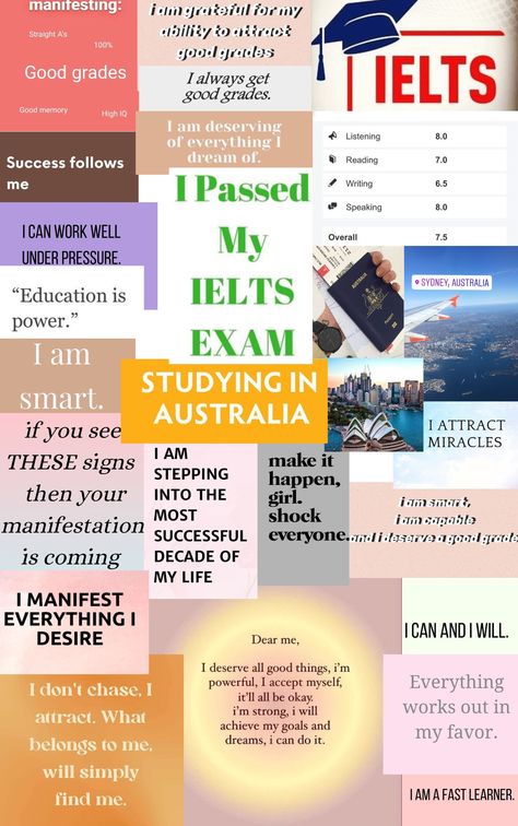 Passing Exam Vision Board, School Vison Boards, Exam Success Vision Board, Vision Board Study Abroad, 2023 Vison Boards, Australia Vision Board, Abroad Vision Board, Exam Vision Board, Pass Exams Affirmations