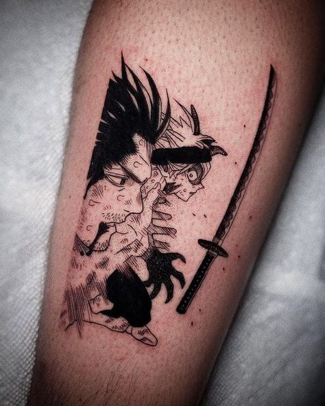 Anime tattoos by James Tran on Instagram: "Feels good to be back and working. 100% recovered and just finished this fun Asta and Yami tattoo from Black Clover! Needles by @emalla.official" Yami Sukehiro Tattoo Ideas, Yami Tattoo Black Clover, Best Anime Tattoos, Asta Tattoo Ideas, Black Clover Anime Tattoo, Asta Tattoo, Black Clover Tattoo Ideas, Asta And Yami, Anime Style Tattoos