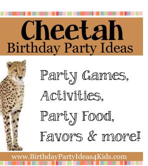 Cheetah Birthday Party Ideas Cheetah Racing Games Cheetahs are known for their speed so why not have some relay style racing games!  Race by teams or use a stopwatch and have the kids race individually and compare times.  Some fun ways to race like a cheetah are by: Running through an obstacle course Running backwards Running and jumping over orange cones  Running and twirling in a circle Running on feet and hands (like a cheetah) Running backwards on feet and hands Cheetah Birthday Party Games, Cheetah Party Food, Wild Cat Birthday Party, Wild Cat Party, Big Cat Birthday Party, Cheetah Party Ideas, Cheetah Birthday Party Ideas, Cheetah Themed Birthday Party, Leopard Birthday Party Ideas