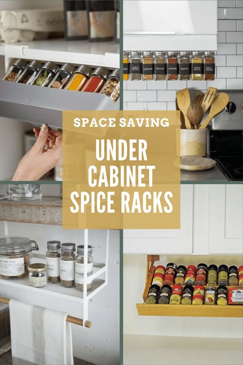 Under Counter Spice Rack, Under Cabinet Drop Down Spice Rack, Spice Rack Cabinet Pull Out Diy, Under Top Cabinet Storage Kitchen, Kitchen Cabinets Organization Spices, Cabinet Spice Rack Ideas, Diy Spice Rack Ideas Inside Cabinets, Shelves Under Kitchen Cabinets, Spice Rack Above Stove