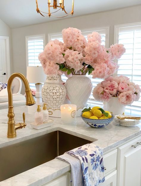 French Country Glam Kitchen, Chesterfield Living Room, Gold Kitchen Faucet, Patio Flowers, Kitchen Island Decor, Kitchen Counter Decor, Detailed Plans, Living Room Decor Cozy, Glam Decor