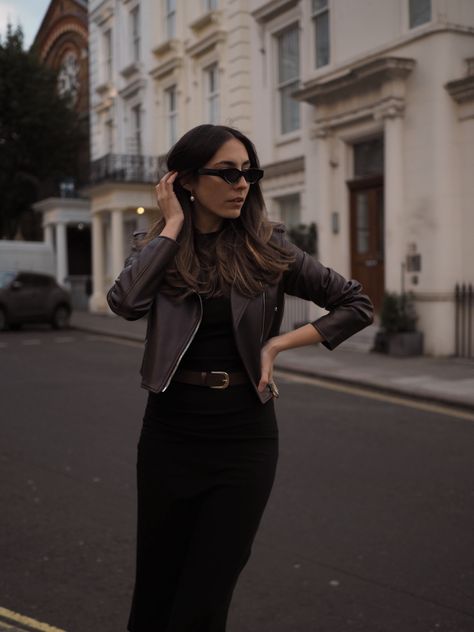 Brown Leather Jacket With Dress, Capsule Wardrobe Black, Outfit Inspo 2023, Brown Biker Jacket, Mejuri Jewelry, Classy Fall Outfits, Wardrobe Black, Dress Pearl, Belt Brown