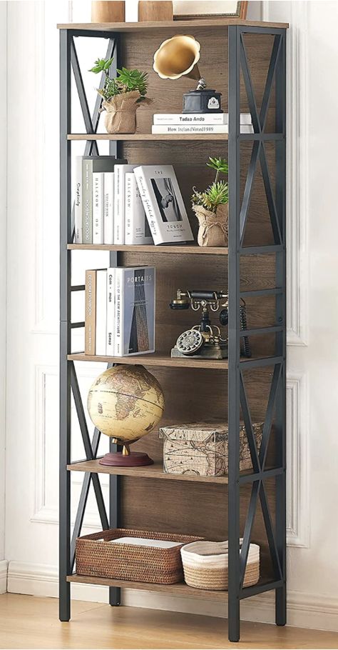 Rustic Bookshelf Ideas, Standing Bookshelves, Metal Bookshelves, Bookshelf Industrial, Standing Bookshelf, Tall Bookshelf, Open Bookshelf, Rustic Bookshelf, Free Standing Shelves