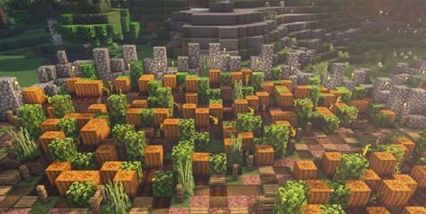 Minecraft Zombie Spawner Farm, Minecraft Glowberry Farm, Melon Farm Minecraft Aesthetic, Melon And Pumpkin Farm Minecraft, Minecraft Pumpkin Patch Ideas, Minecraft Crop Field, Underground Farm Minecraft, Minecraft Fields, Minecraft Farm Decoration