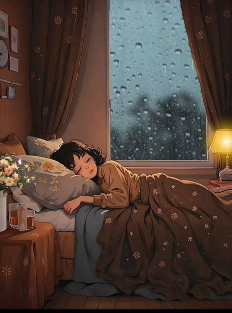 Sleep Motivation, Bedroom Illustration, Cozy Rainy Day, Bedroom Drawing, Relaxing Art, Girl Sleeping, Cottage Art, Living Alone, Girly Art Illustrations