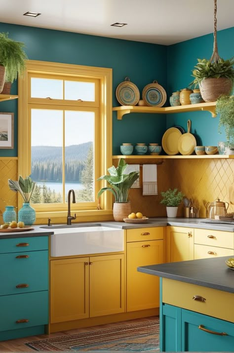 Eclectic Kitchen Bohemian, Colorful Eclectic Kitchen, Turquoise Kitchen Cabinets, Yellow Kitchen Cabinets, Turquoise Cabinets, Kitchen Bohemian, Funky Kitchen, Turquoise Kitchen, Teal Kitchen