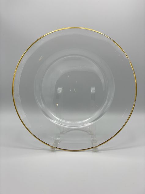 GOLD RIM CLEAR GLASS CHARGER - Events Unlimited Rattan Charger, White Rims, Clear Glass, Glass Beads, Wedding Day, Crystals, Glass, Gold