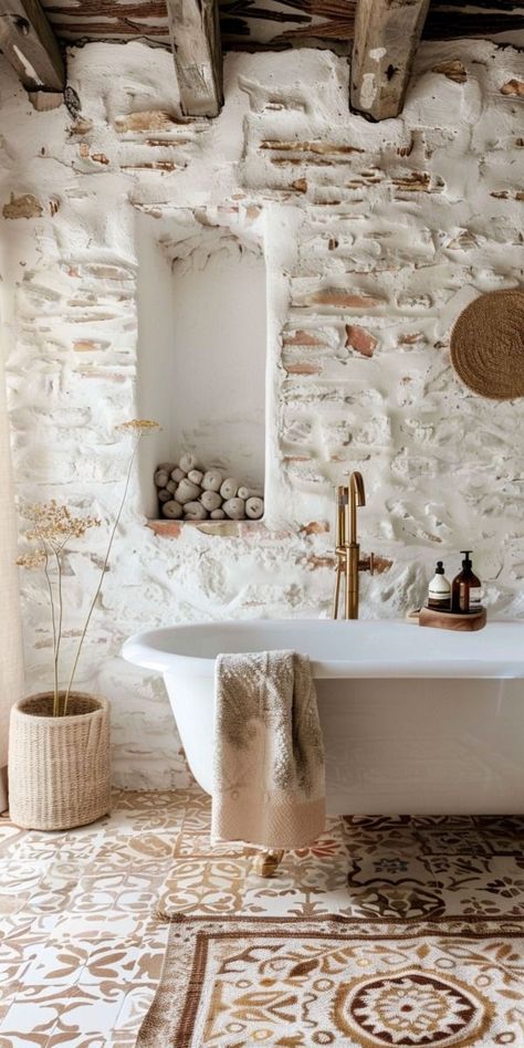 Istrian Stone House Interior, Small Cottage Decor, Natural Bathroom Design Earth Tones, Interior Stone Wall Ideas, Bathroom Stone Wall, Wabi Sabi House, Resin Bathroom, Italian Bathroom, Earthy Home