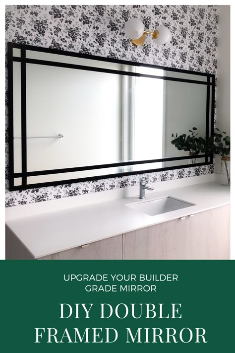 Framed Out Bathroom Mirror, Bathroom Mirror Alternatives, Moulding Around Bathroom Mirror, Budget Bathroom Mirror, Upscale Bathroom Mirror, Contractor Grade Mirror Makeover, How To Update Builder Grade Bathroom Mirror, Builders Mirror Makeover, Repurposed Bathroom Mirror