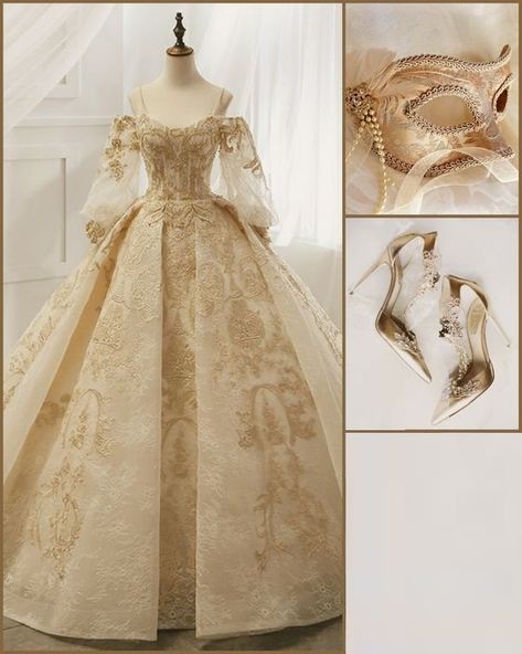 Royal Ethereal Gown, Golden Ball Gown Princesses, Dress Kerajaan Aesthetic, Vintage Quinceanera Dresses, Corset Ball Gowns Vintage, Victorian Quinceanera Dresses, Royal Quinceanera Dresses, Ballgowns Victorian Aesthetic, Victorian Era Wedding Dress