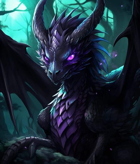 Black Dragon Purple Eyes, Black And Purple Dragon, Dragons Purple, Beautiful Dragons, Fantasy Dragon Art, Dragon Stuff, Gothic Dragon, Fantasy Animals, Beautiful Dragon