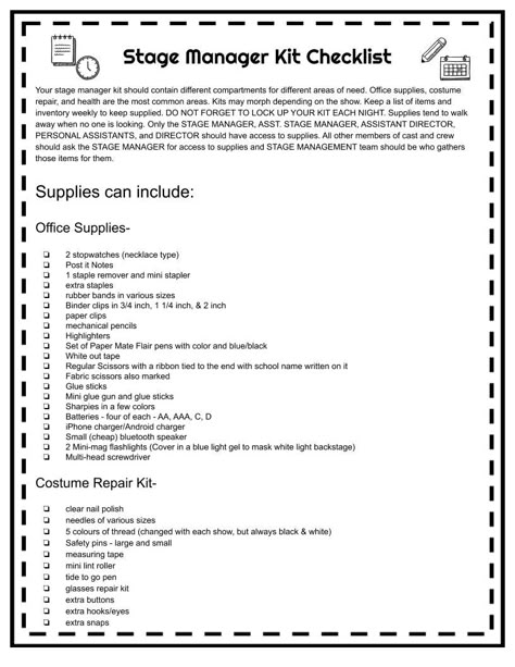 An extensive editable list to get your stage management team started with creating a kit for productions and travel. Prompt Book Stage Manager, Stage Manager Outfit, Directing Musical Theatre, Stage Manager Binder, Stage Manager Tips, Middle School Theatre, Stage Manager Kit, Stage Management, Stage Manager Aesthetic