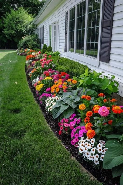 Front Yard Flowers Landscaping, Flower Bed For Front Of House, Front Yard Flower Bed Ideas Perennials, Ranch Garden Ideas, Flower Border Landscape, Front Porch Garden Ideas Flower Beds, Outdoor Flower Bed Ideas, Front Of House Flowers, Flower Garden Ideas In Front Of House