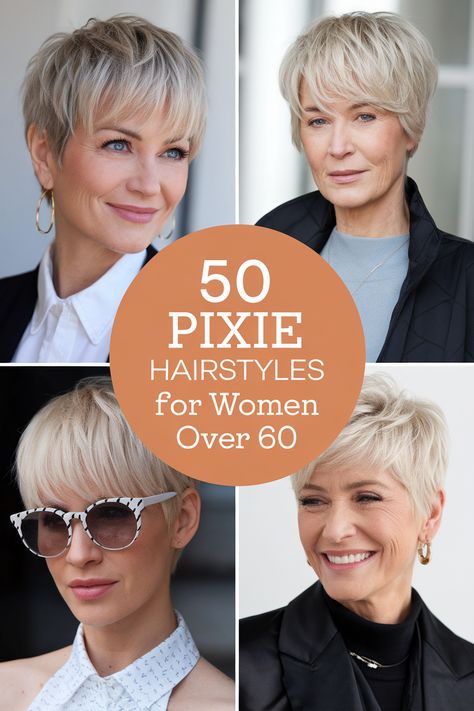 Find the perfect pixie haircut for thick hair! These 50 styles are designed for women over 60 and offer a range of options. Explore textured looks, volumizing crops, and sophisticated silver pixies. Find inspiration for face-framing layers, wispy bangs, and graceful short hairstyles that will enhance your mature beauty. Short Pixie Hair Styles For Women Over 60, Pixie Hairstyles For Thick Hair Over 50, Pixies With Short Bangs, Feather Pixie Haircut, Long Pixie With Side Swept Bangs, Short Pixie Hairstyles For Thick Hair, Women Pixie Haircut Short Styles, Short Hairstyles For Women With Thick Hair Over 60, Sassy Pixie Haircut Over 50