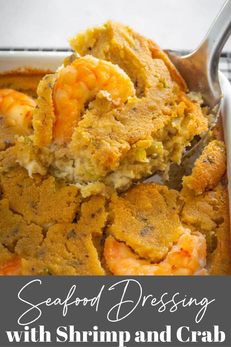 This Seafood Dressing is a classic Southern side dish recipe made with cornbread and the Louisiana Holy Trinity vegetables including celery, green peppers, and onion. Load this with shrimp, crab, and even lobster! This is perfect for soul food dinners, Thanksgiving, or any gathering. Louisiana Side Dishes, Seafood Cornbread Dressing Louisiana, Seafood Dressing Recipe Cornbread, Seafood Dressing Louisiana, Seafood Dressing Recipe Louisiana, Shrimp Dressing Recipe, Cajun Thanksgiving Dishes, Seafood Stuffing Recipes, Seafood Cornbread Dressing