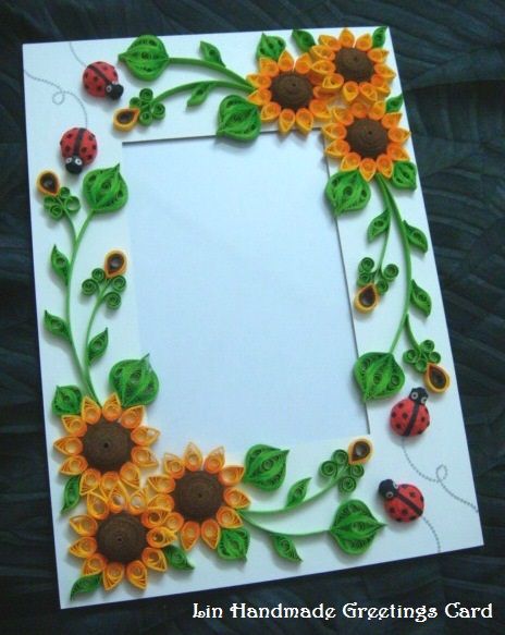 Lin Handmade Greetings Card: Quilled Sunflower photo frame Quilling Photo Frames, Quilling Frames, Quilled Cards, Paper Quilling Flowers, Paper Quilling Cards, Quilled Flowers, Quilling Work, Quilling Projects, Quilling 3d