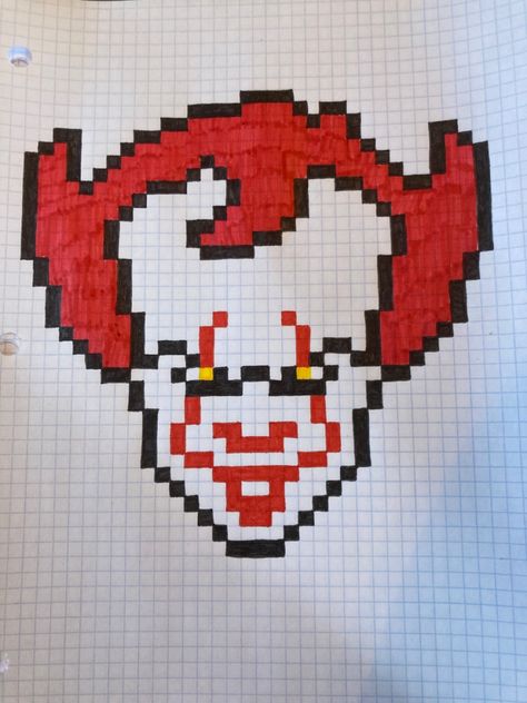 Checkered Paper Drawings, Pixelated Drawings, Easy Pixel Art Small Halloween, Pixel Art Sign, Glitch Pixel Art, Horror Movie Pixel Art, Clown Pixel Art, Pixel Horror, Skeleton Pixel Art